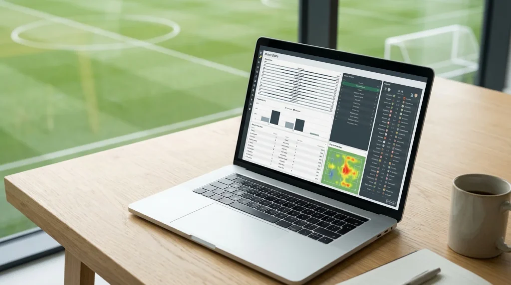 Notebook aberto com estatísticas de futebol ao lado de um campo de treino visto de cima