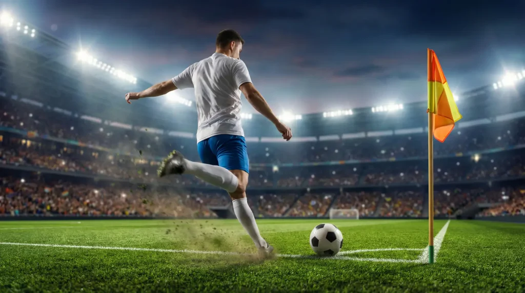 Jogador de futebol cobrando escanteio próximo a bandeirinha de canto do campo