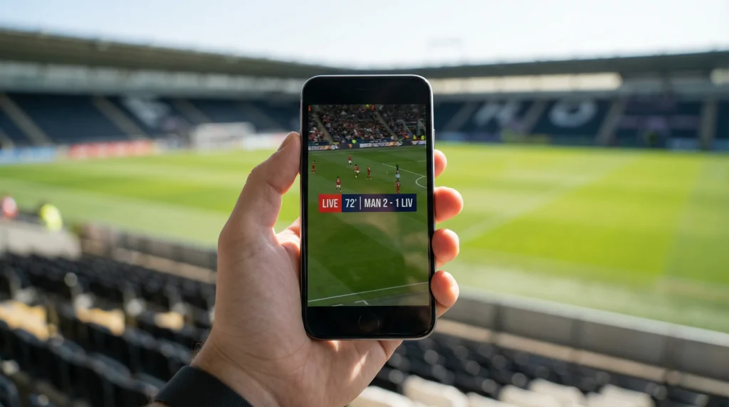 Mão segurando celular com aplicativo de apostas de futebol aberto em estádio