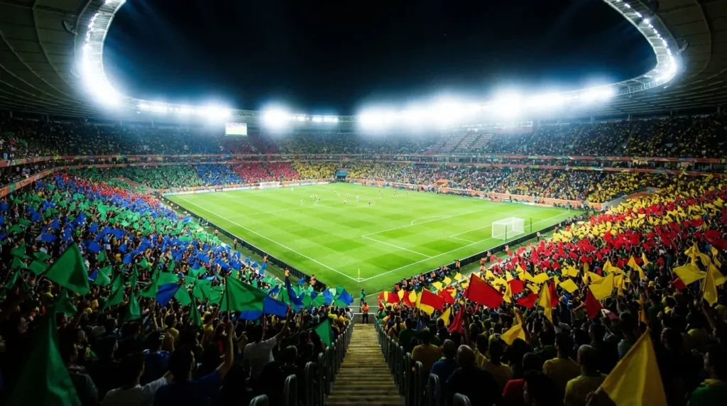 Apostas grátis na Copa do Mundo 2026 — estádio lotado com bandeiras de seleções