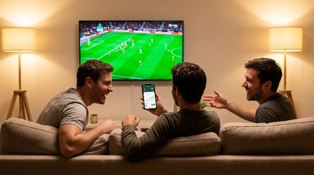 Grupo de amigos conferindo palpites do Brasileirão no celular durante jogo de futebol