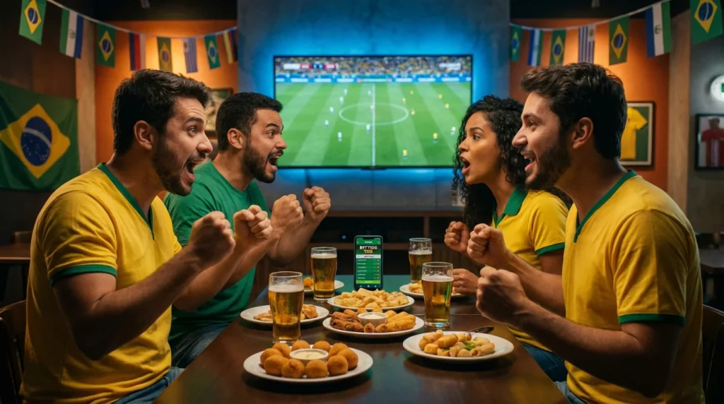 Bolão de futebol grátis — torcedores reunidos assistindo jogo no estádio