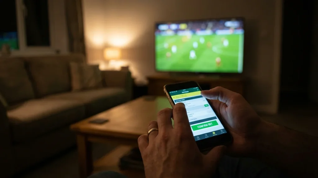 Apostador conferindo opcao de cash out no celular durante jogo de futebol