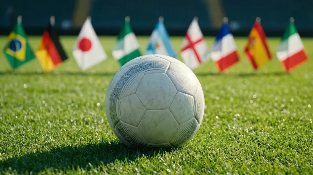 Bola de futebol oficial sobre gramado de estádio com bandeiras de vários países ao fundo