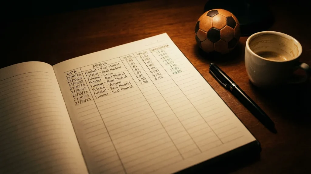 Gestão de banca para apostas de futebol — caderno com anotações e bola de futebol