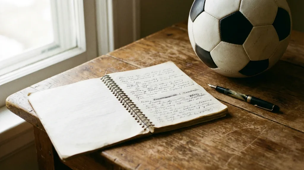 Caderno de anotações aberto sobre mesa de madeira ao lado de bola de futebol e caneta