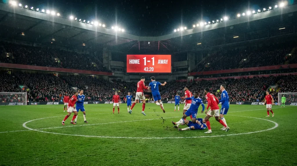 Dois times de futebol disputando bola no meio-campo de estádio com placar eletrônico ao fundo