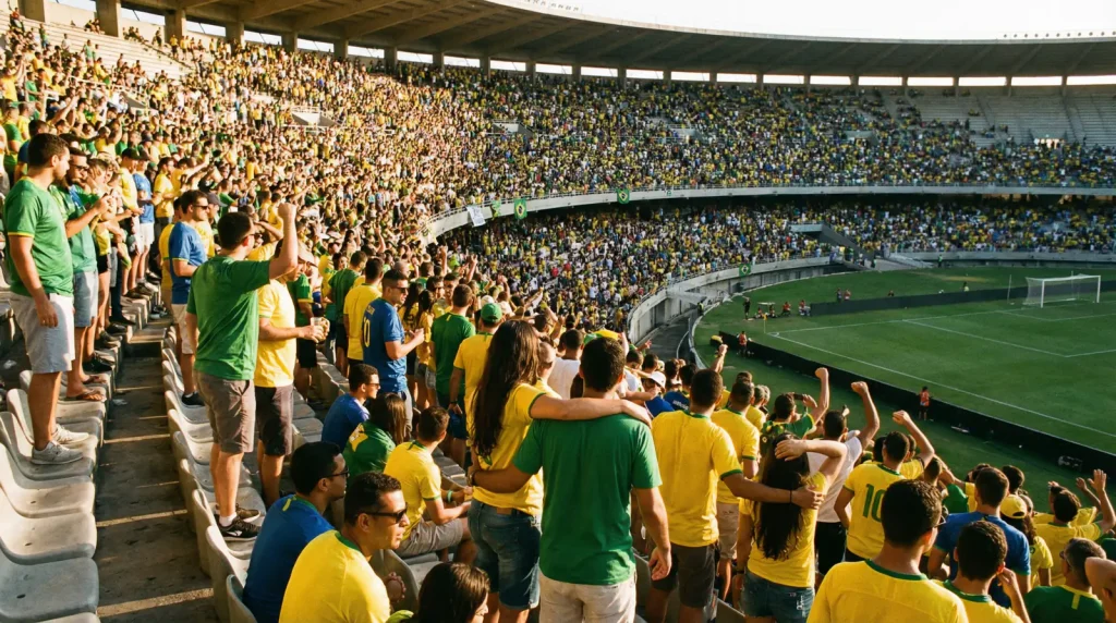 Torcedores brasileiros assistindo jogo de futebol num estádio lotado ao entardecer