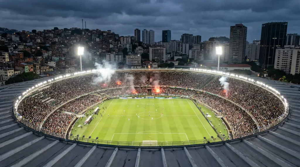 Vista aérea de estádio de futebol brasileiro lotado durante partida noturna