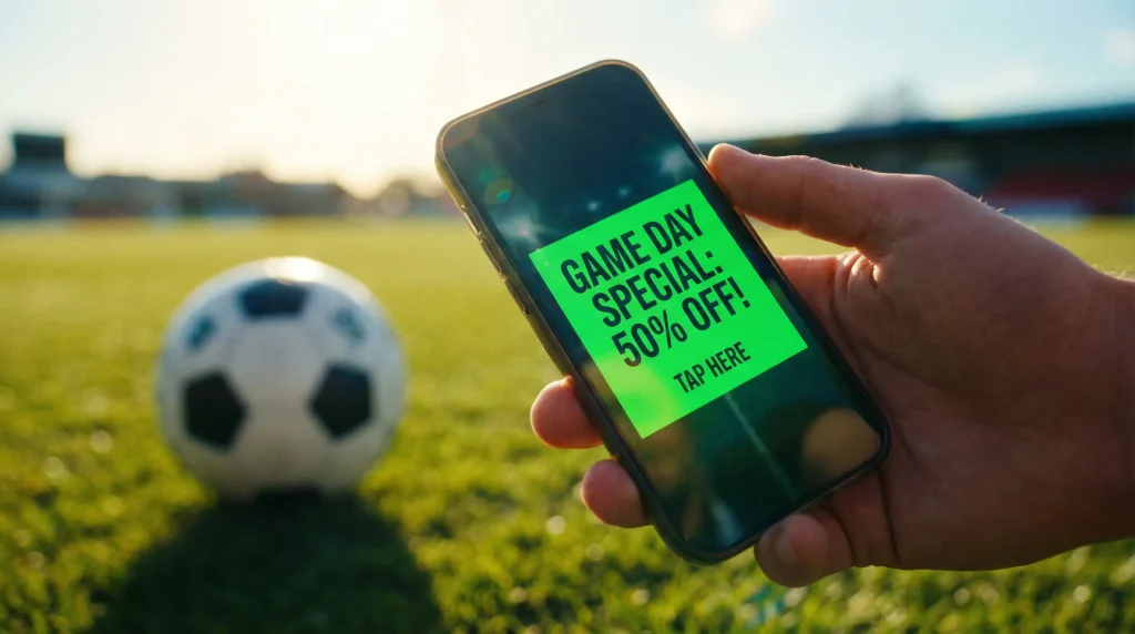 Banner de promoção de odds aumentadas em tela de celular com jogo de futebol ao fundo