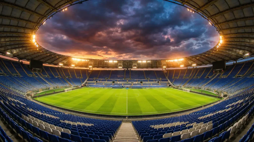 Estádio de futebol europeu iluminado à noite durante partida da Champions League