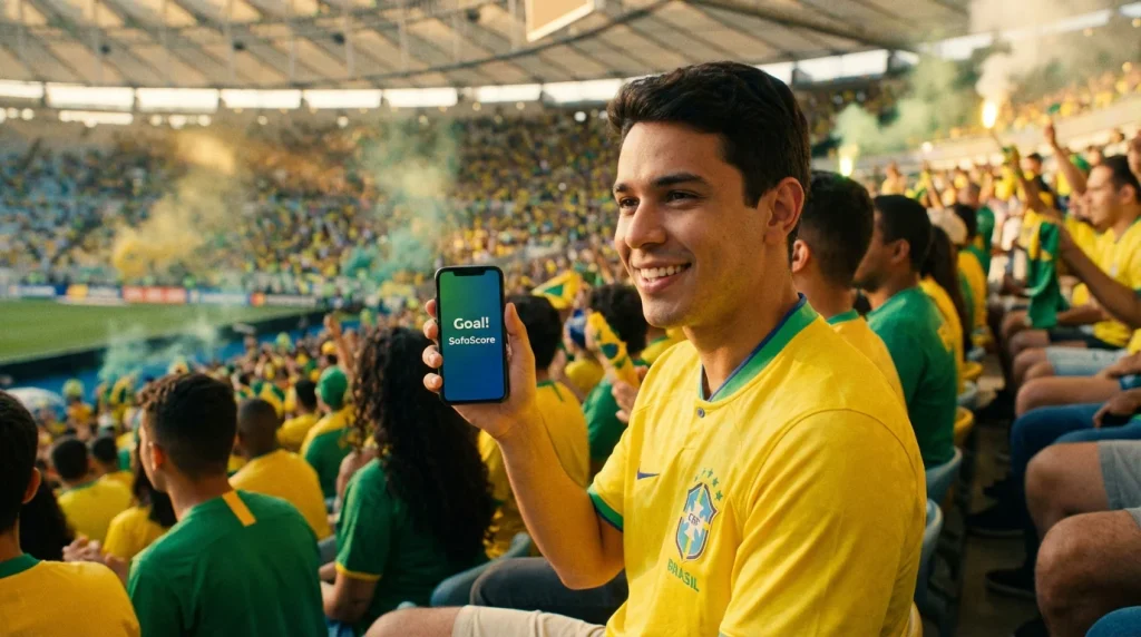 Torcedor brasileiro assistindo jogo de futebol pelo celular em estádio lotado