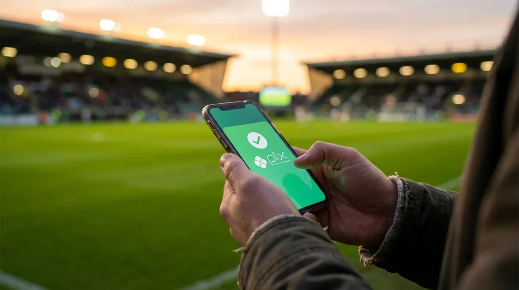 Smartphone exibindo transação Pix ao lado de campo de futebol verde iluminado