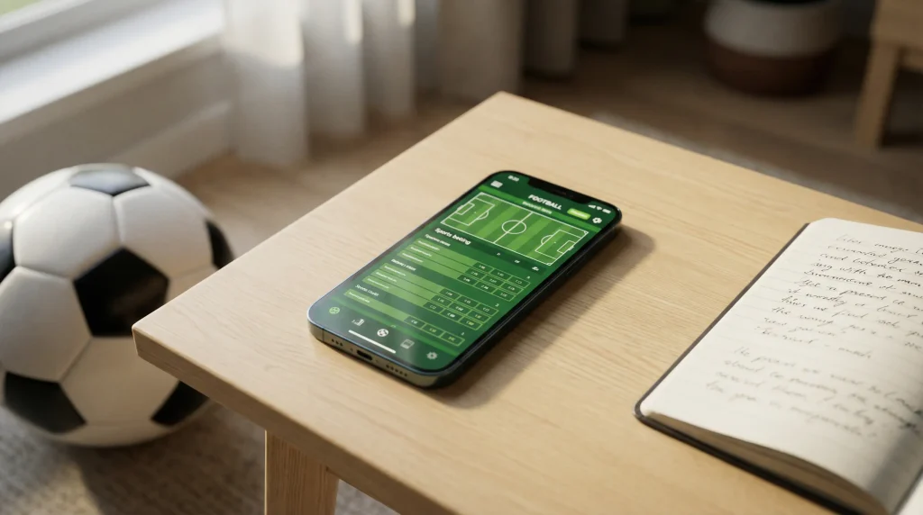 Simulador de apostas de futebol — celular com tela de aposta em campo de futebol